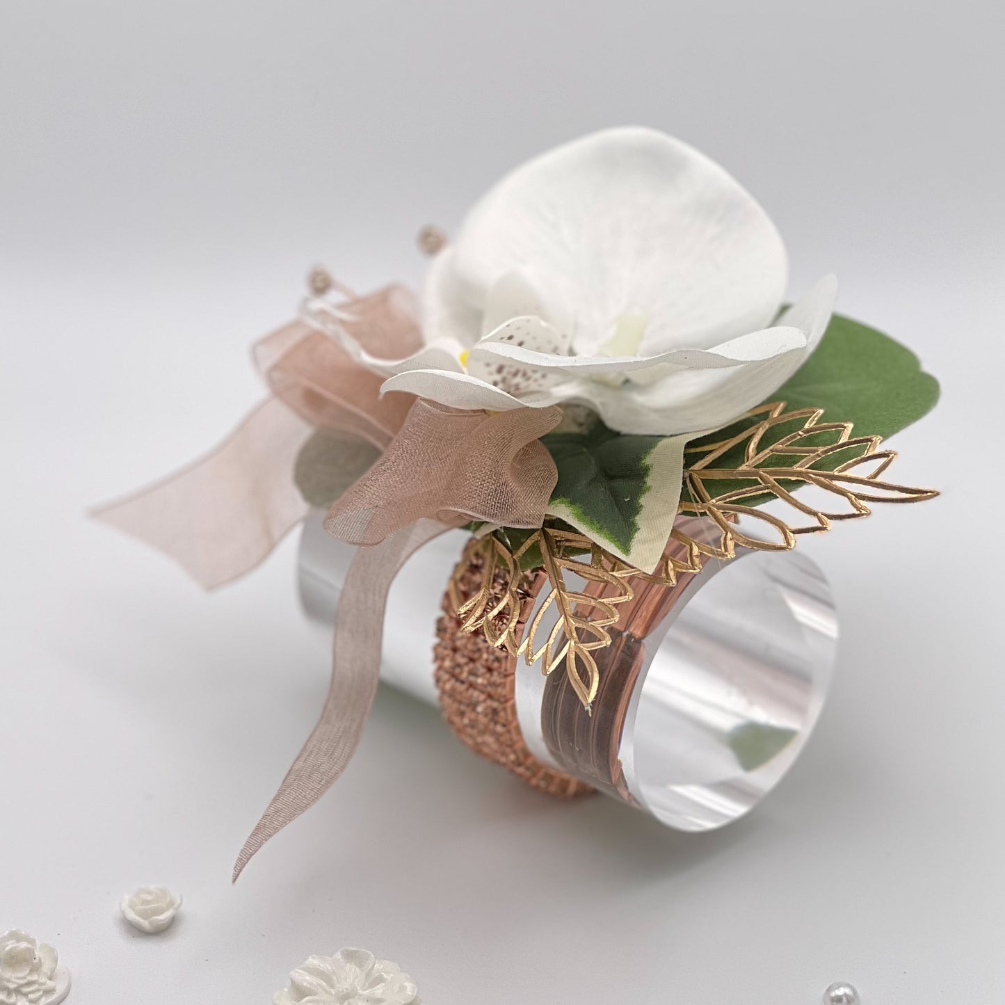 White Corsage with Rose Gold Debs Corsage 1