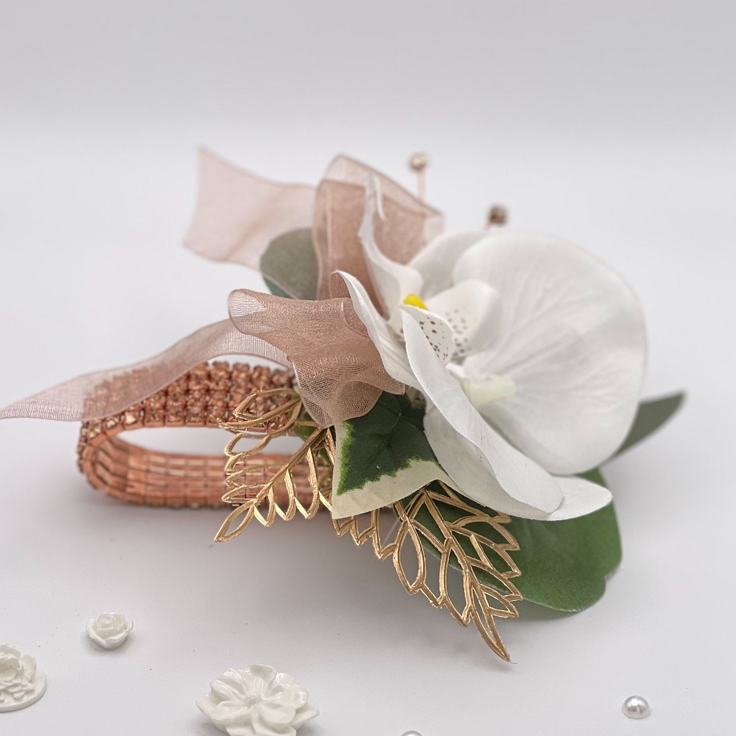 White Orchid with Rose Gold Debs Corsage 2
