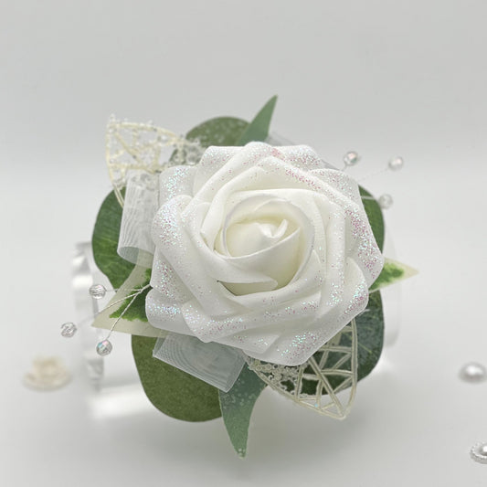 Glitter White Rose - Debs Flower Corsage