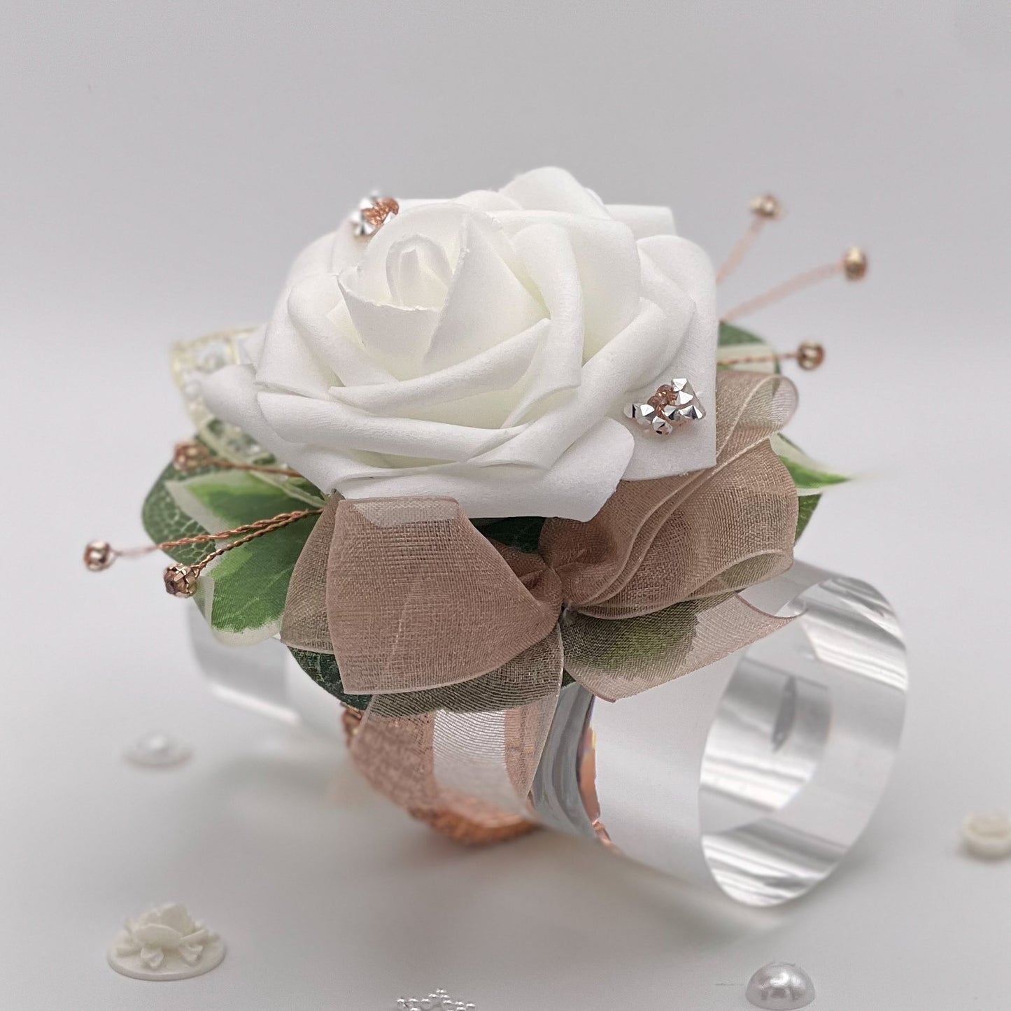 White Rose with Rose Gold & Diamonte - Debs Flower Corsage