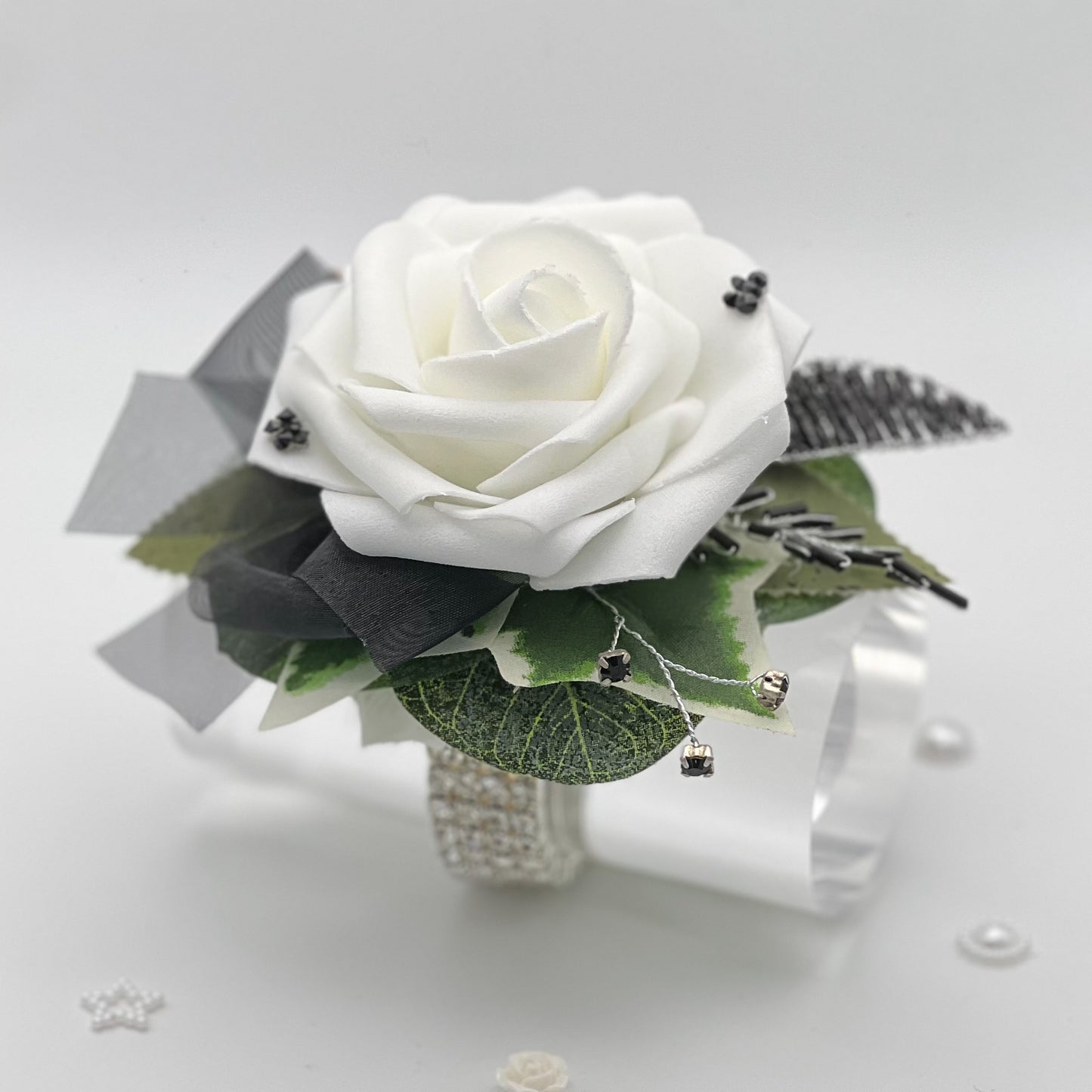 White Rose with Black & Diamonte