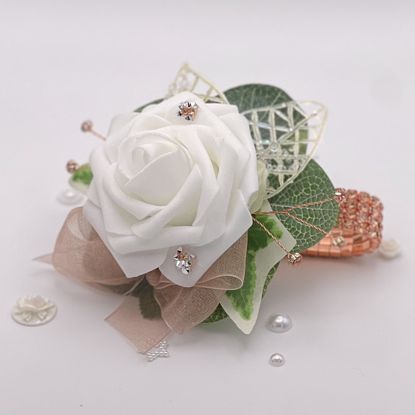 White Rose with Rose Gold & Diamonte - Debs Flower Corsage