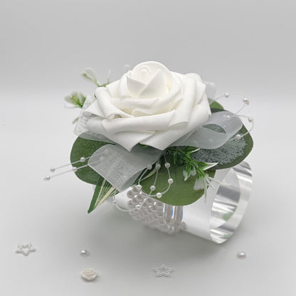 Elaina Artificial White Rose Wrist Corsage - Ivory Rose Wedding Corsage -  Prom Magnet Corsage