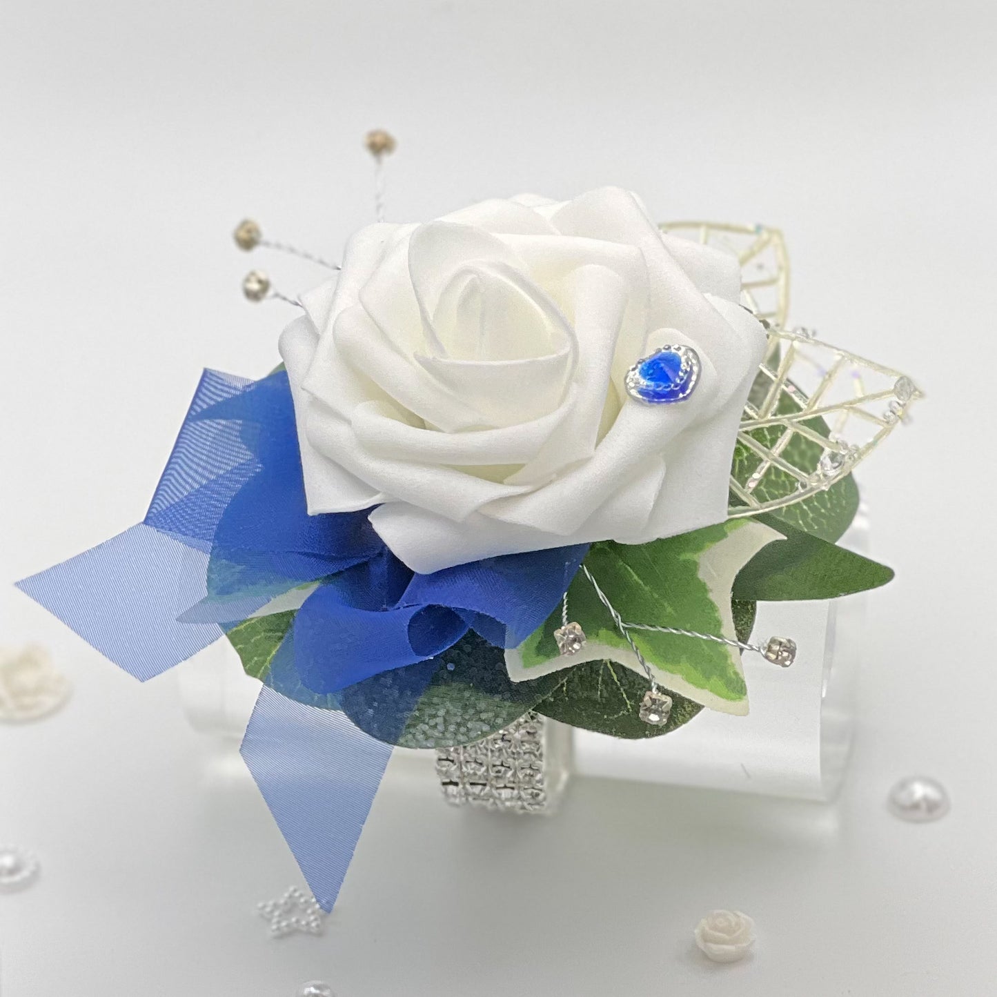 White Rose with Royal Blue & Diamonte - Debs Flower Corsage