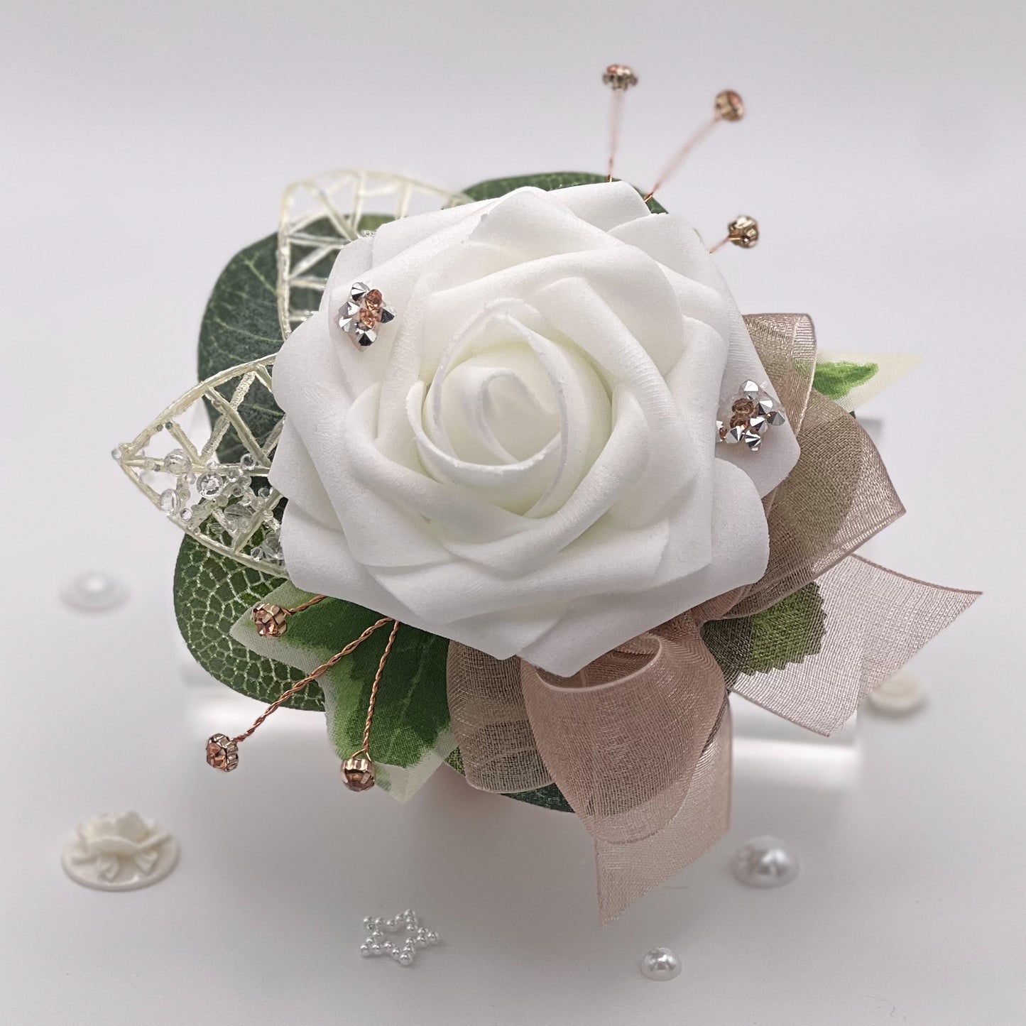 White Rose with Rose Gold & Diamonte - Debs Flower Corsage