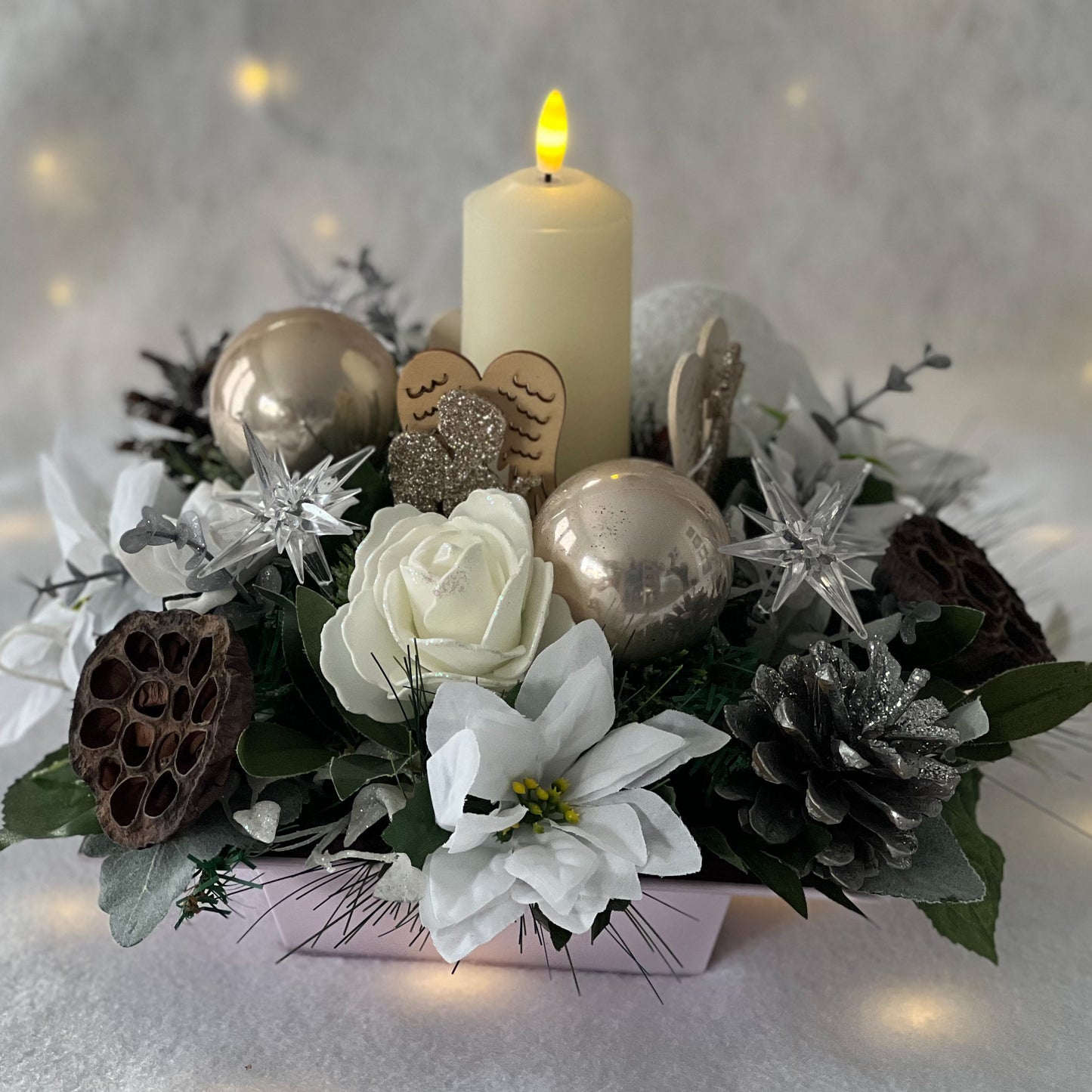 White Angel Christmas Candle Table Centrepiece