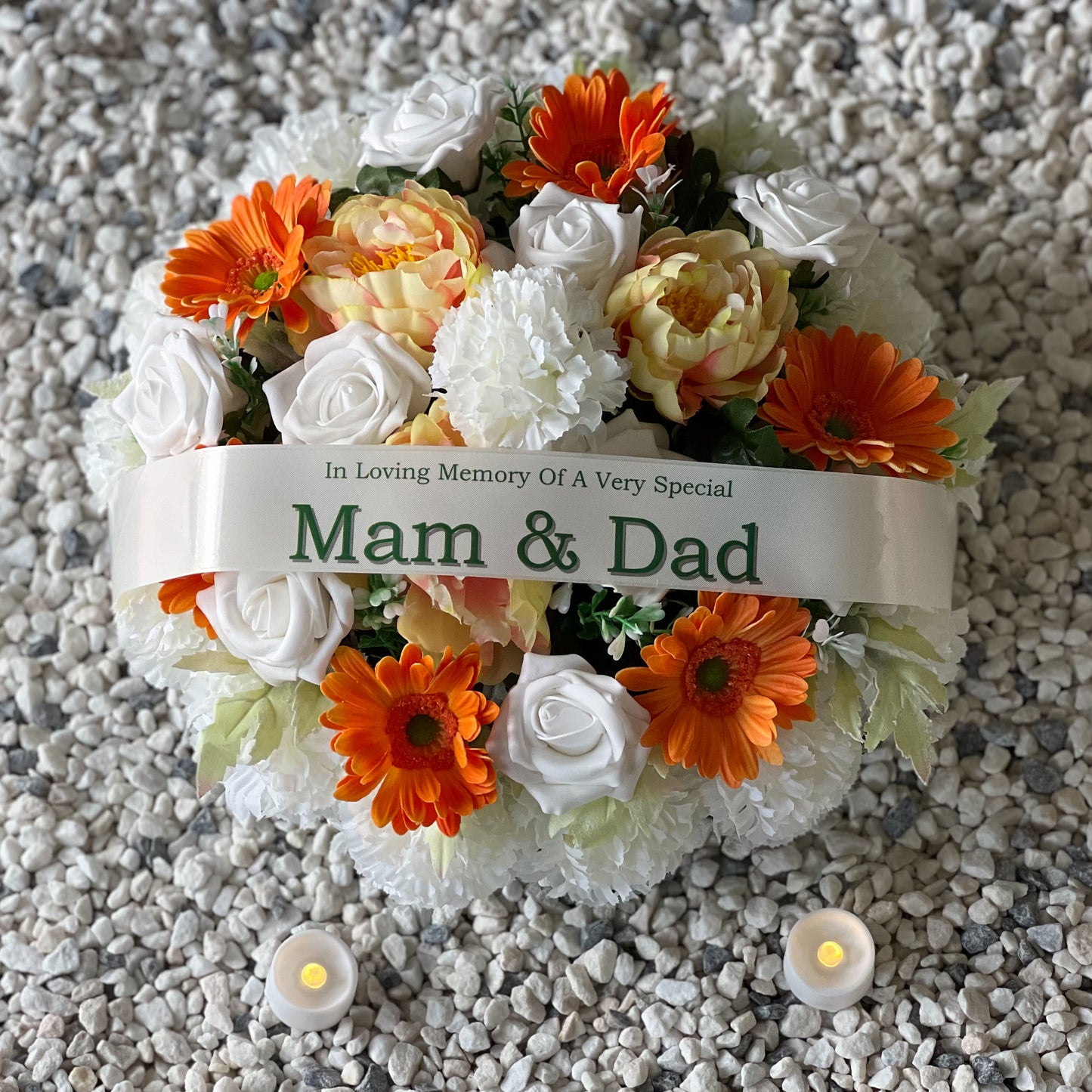 Round Funeral Grave Wreath - Cream & Orange