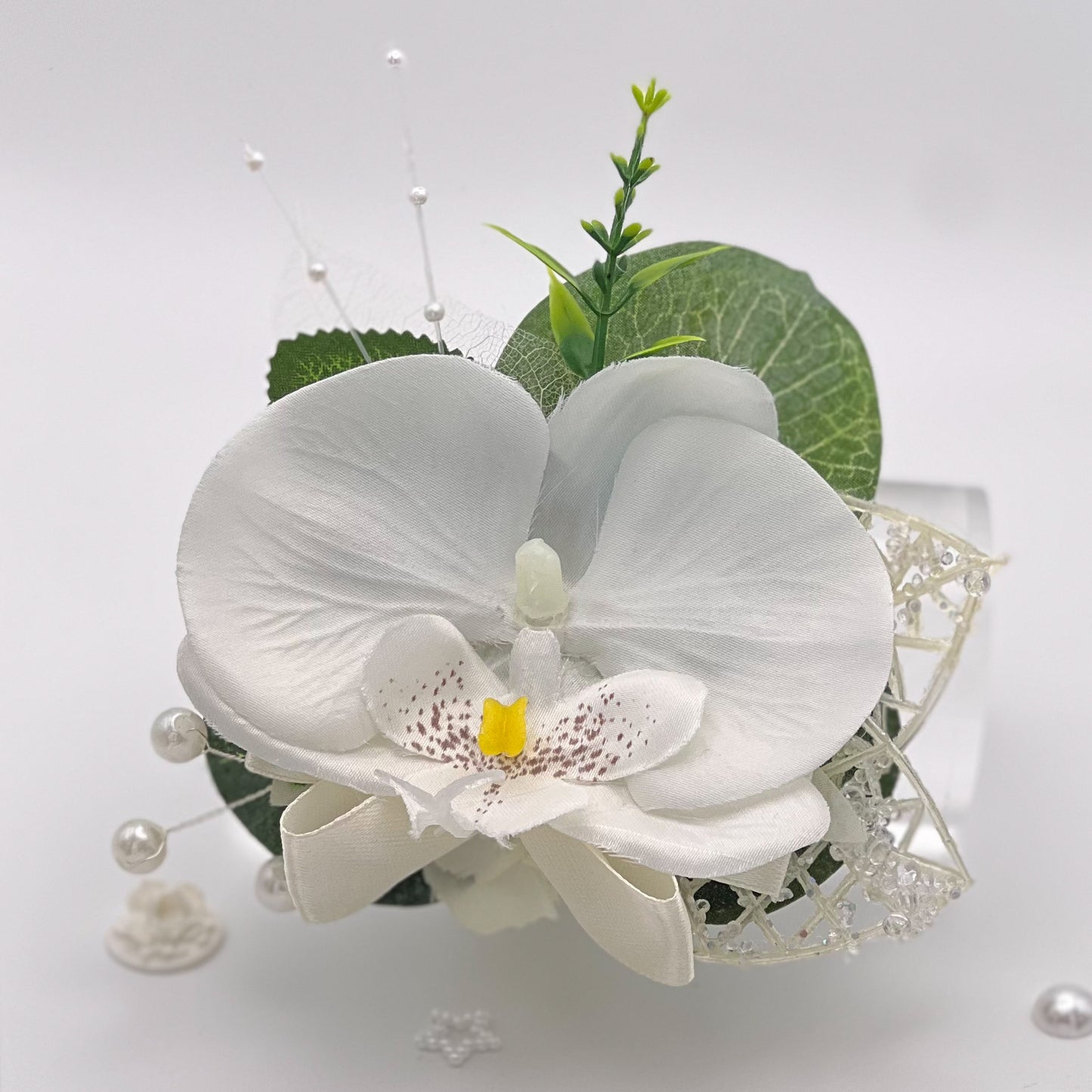 White Orchid with Cream & Pearl - Debs Flower Corsage