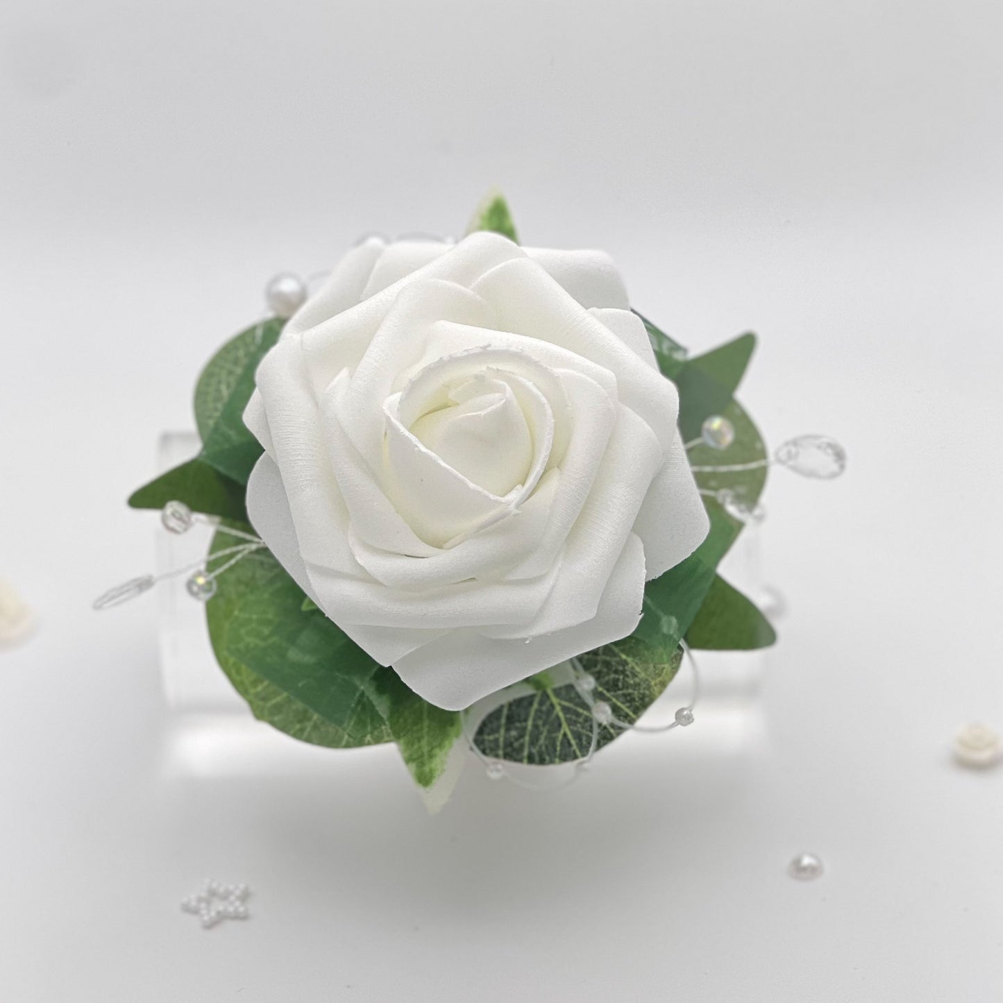 White Rose with Forest Green - Debs Flower Corsage