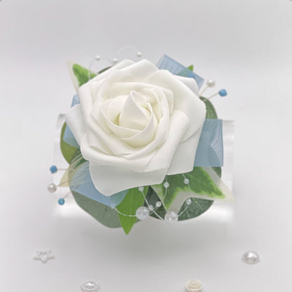 White Rose with Light Blue - Debs Flower Corsage