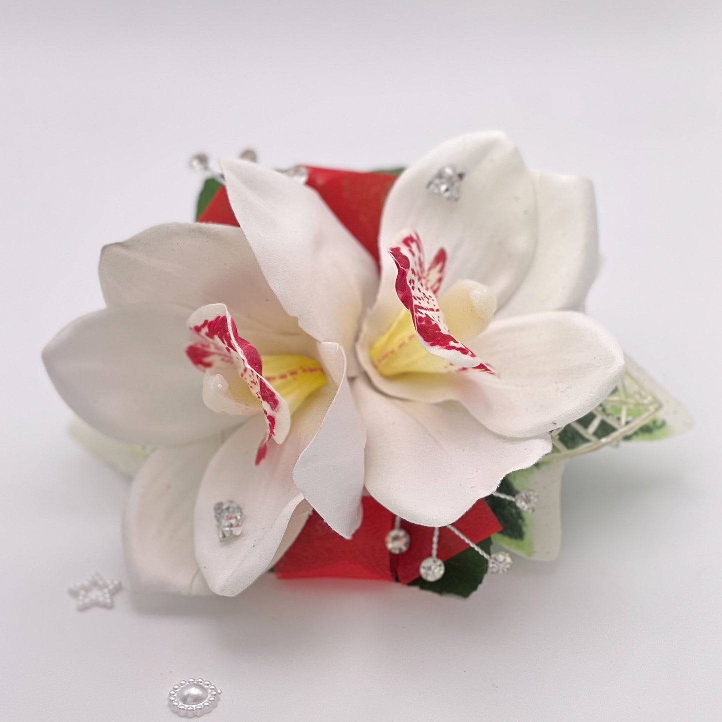 Double White Orchid with Red - Debs Flower Corsage