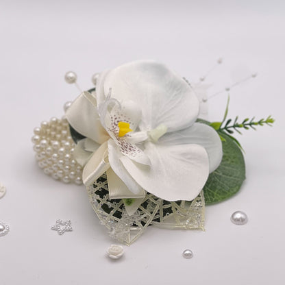 White Orchid with Cream & Pearl - Debs Flower Corsage