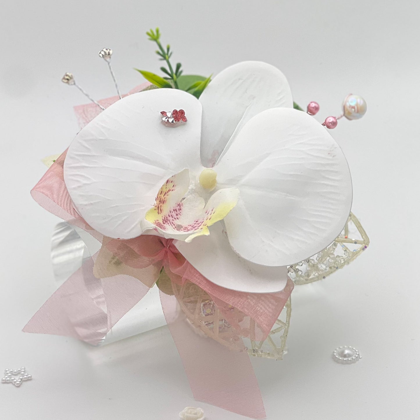 White Orchid with Light Pink - Debs Flower Corsage