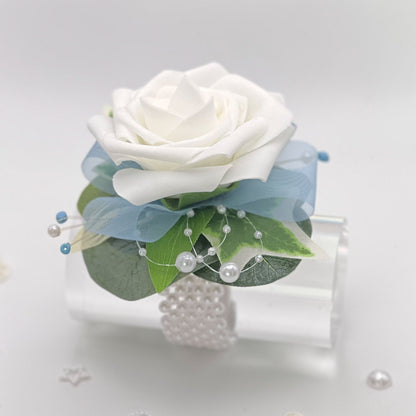 White Rose with Light Blue - Debs Flower Corsage