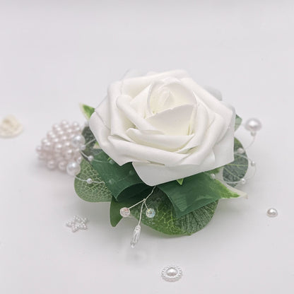 White Rose with Forest Green - Debs Flower Corsage