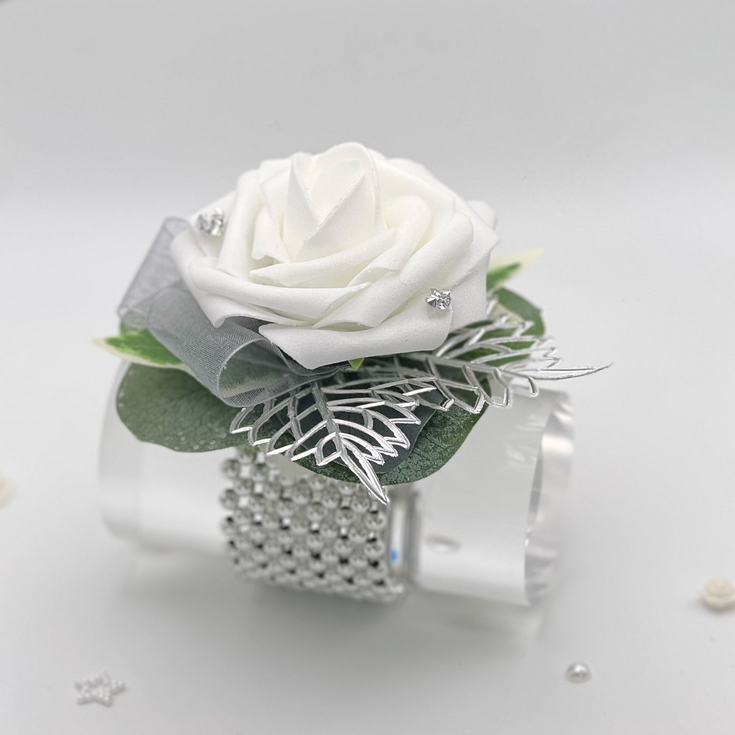 White Rose with Silver & Double Pearl Bracelet - Debs Flower Corsage