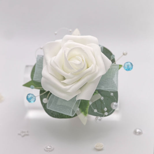 White Rose with Baby Blue- Debs Flower Corsage