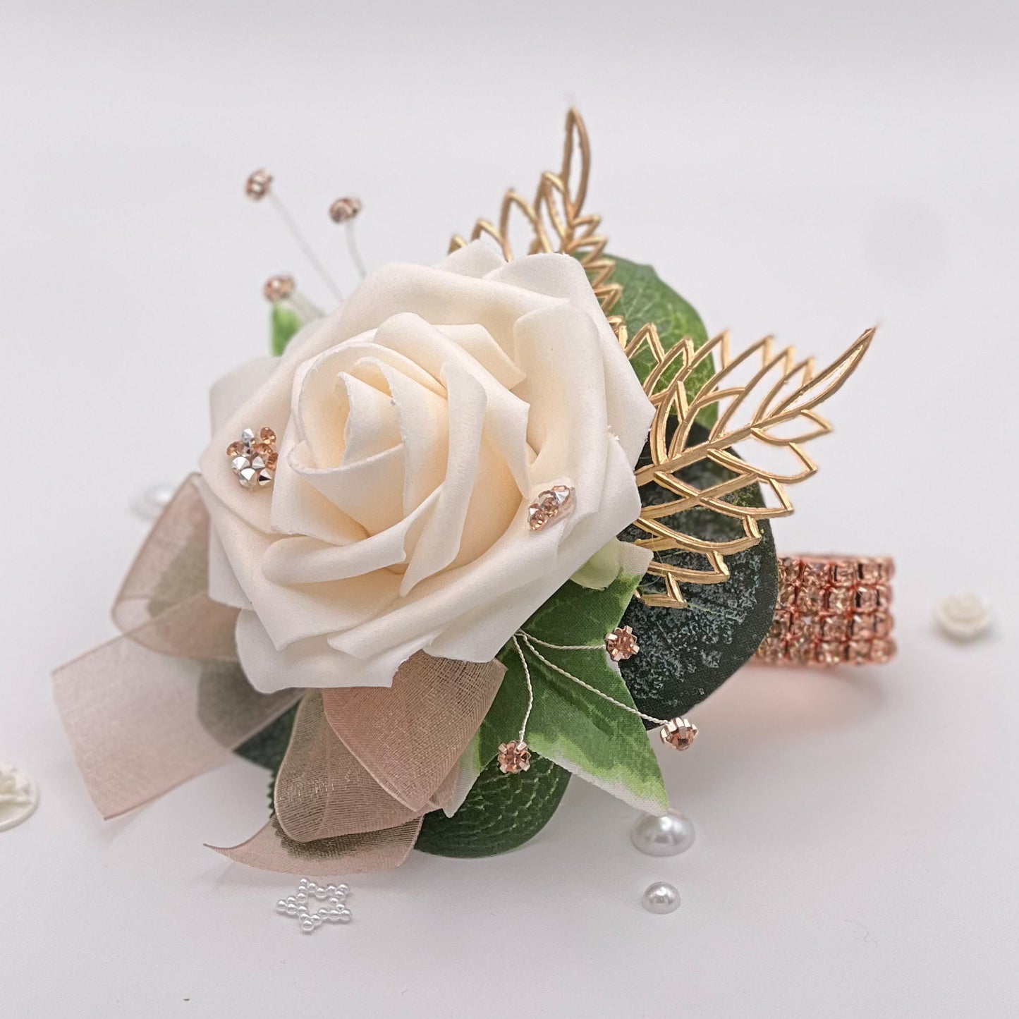 Cream Rose with Rose Gold & Diamonte - Debs Flower Corsage