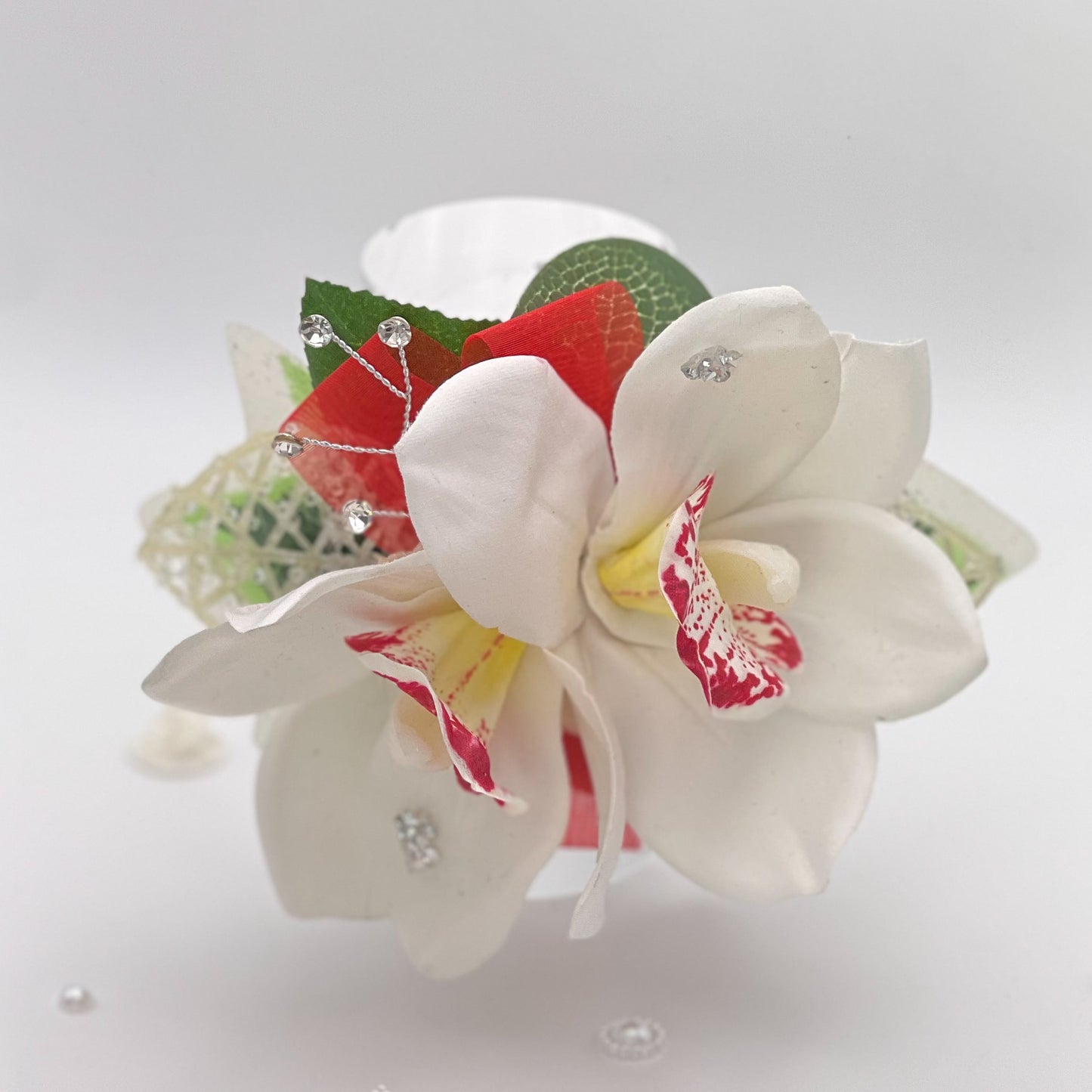 Double White Orchid with Red - Debs Flower Corsage