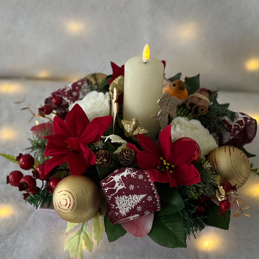 Red Christmas Table Centrepiece with Angel & Robin