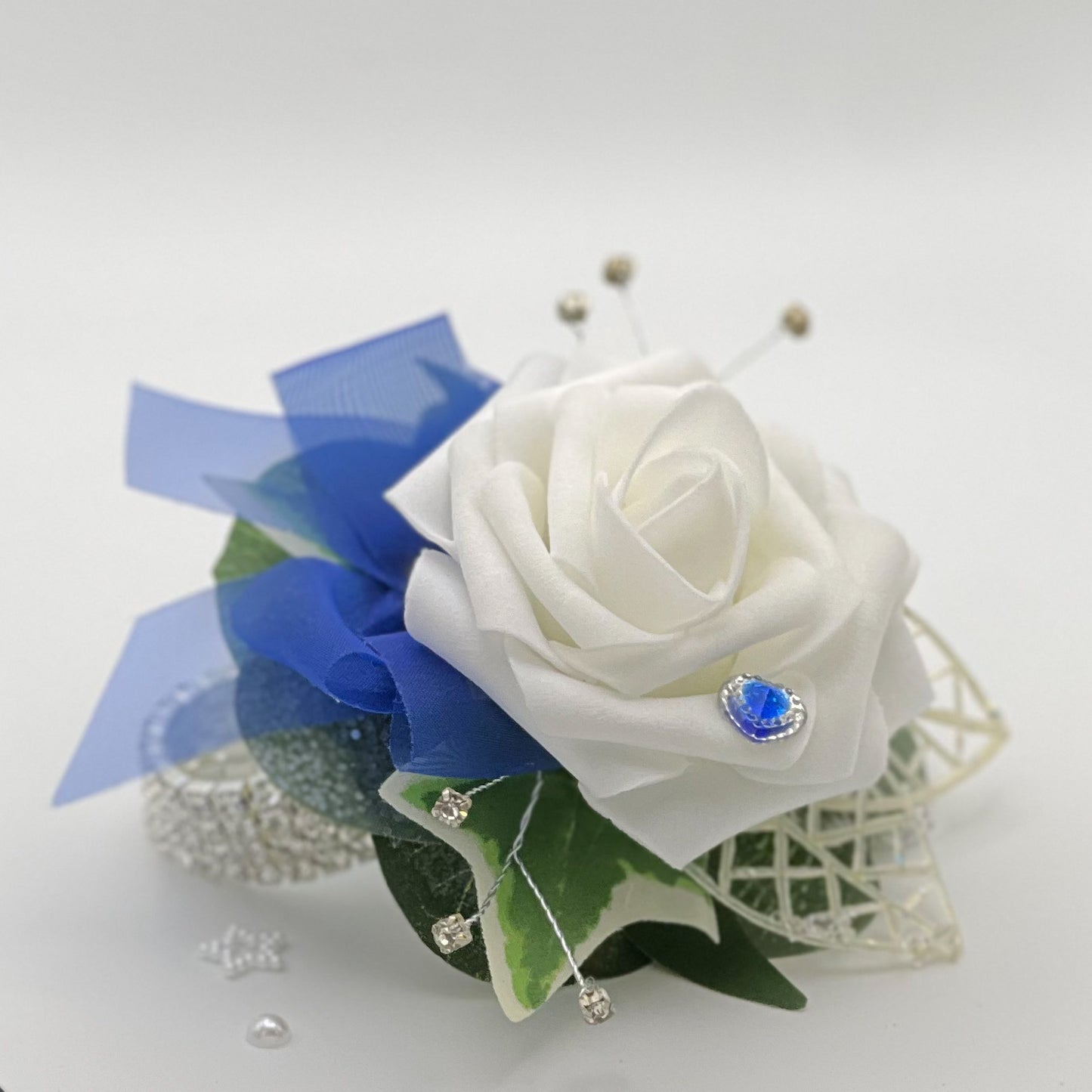 White Rose with Royal Blue & Diamonte - Debs Flower Corsage