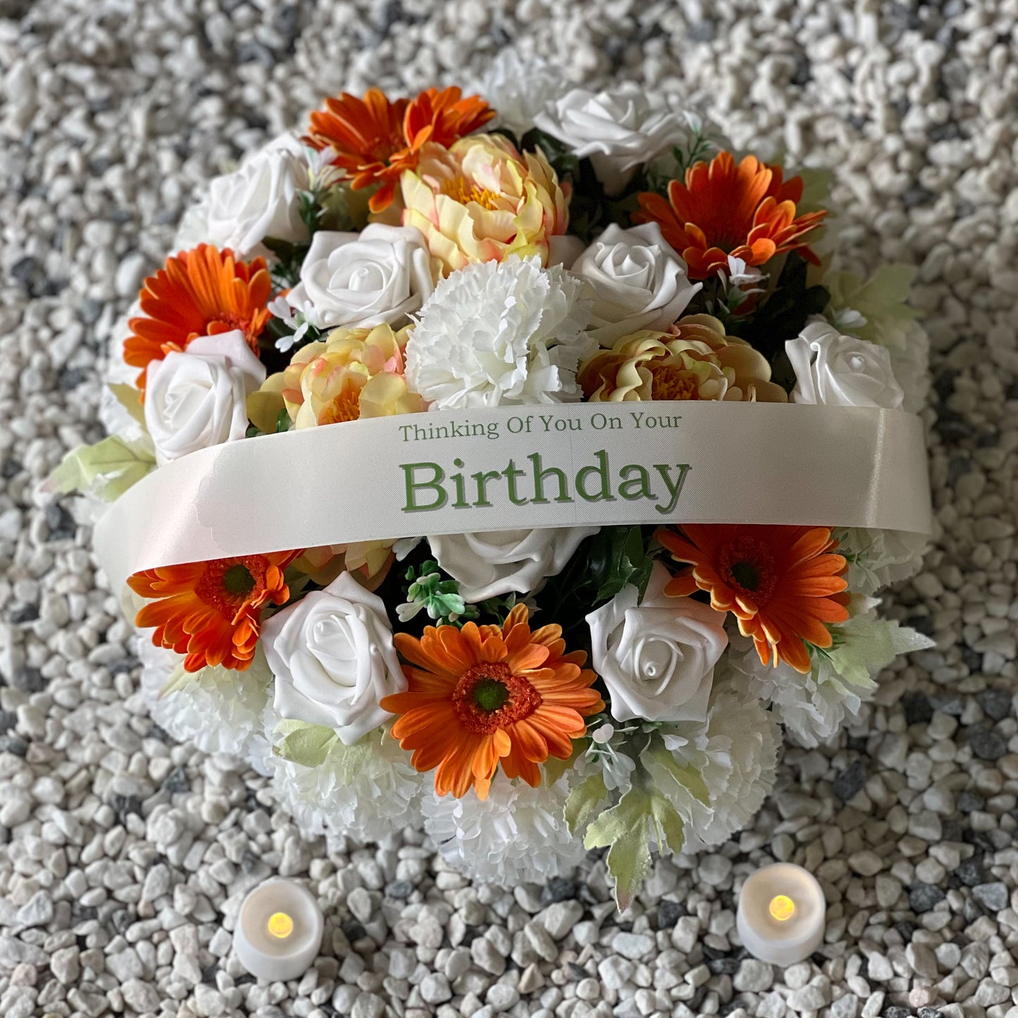 Round Funeral Grave Wreath - Cream & Orange