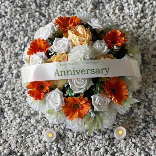 Round Funeral Grave Wreath - Cream & Orange