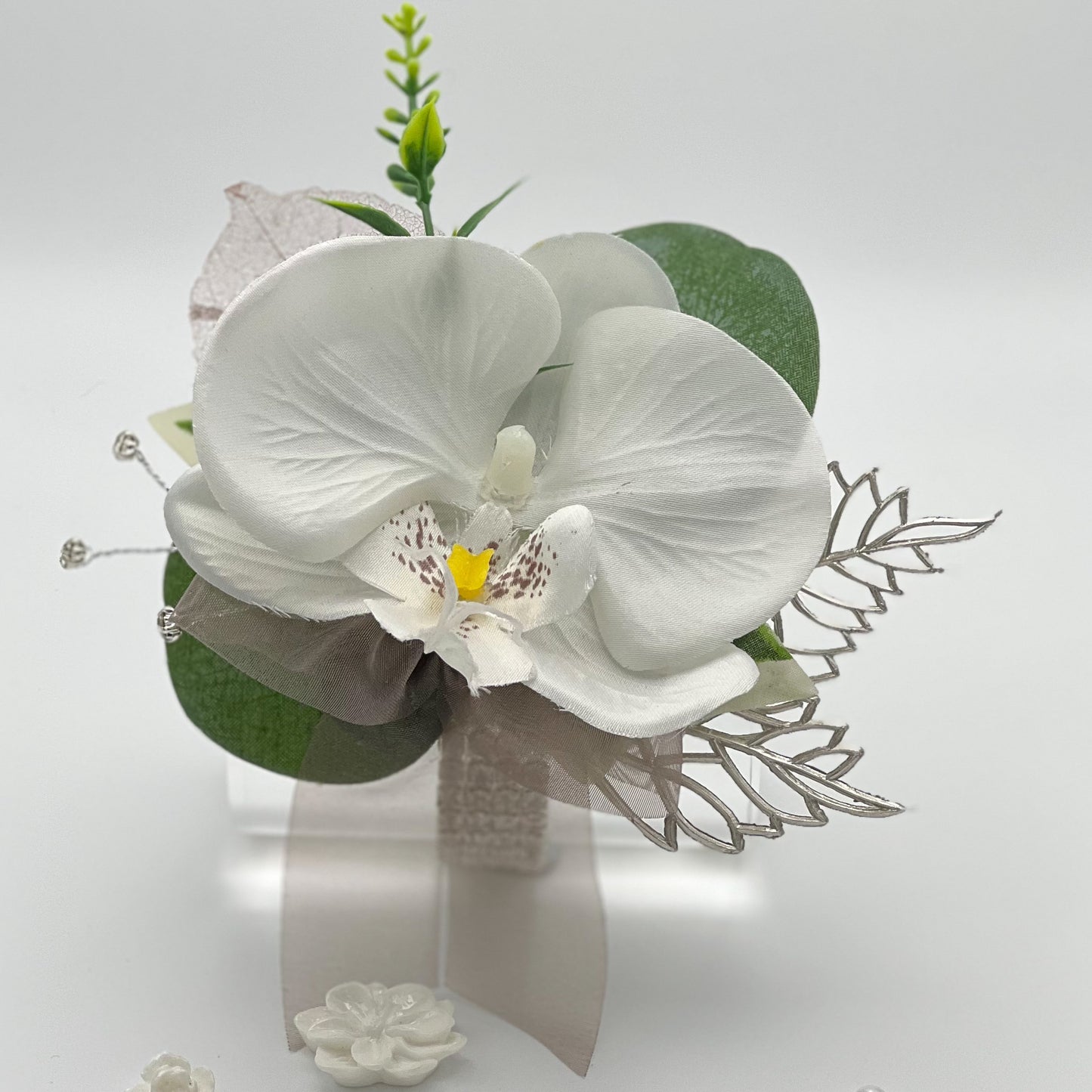 White Orchid with Taupe - Debs Flower Corsage