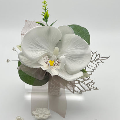 White Orchid with Taupe - Debs Flower Corsage