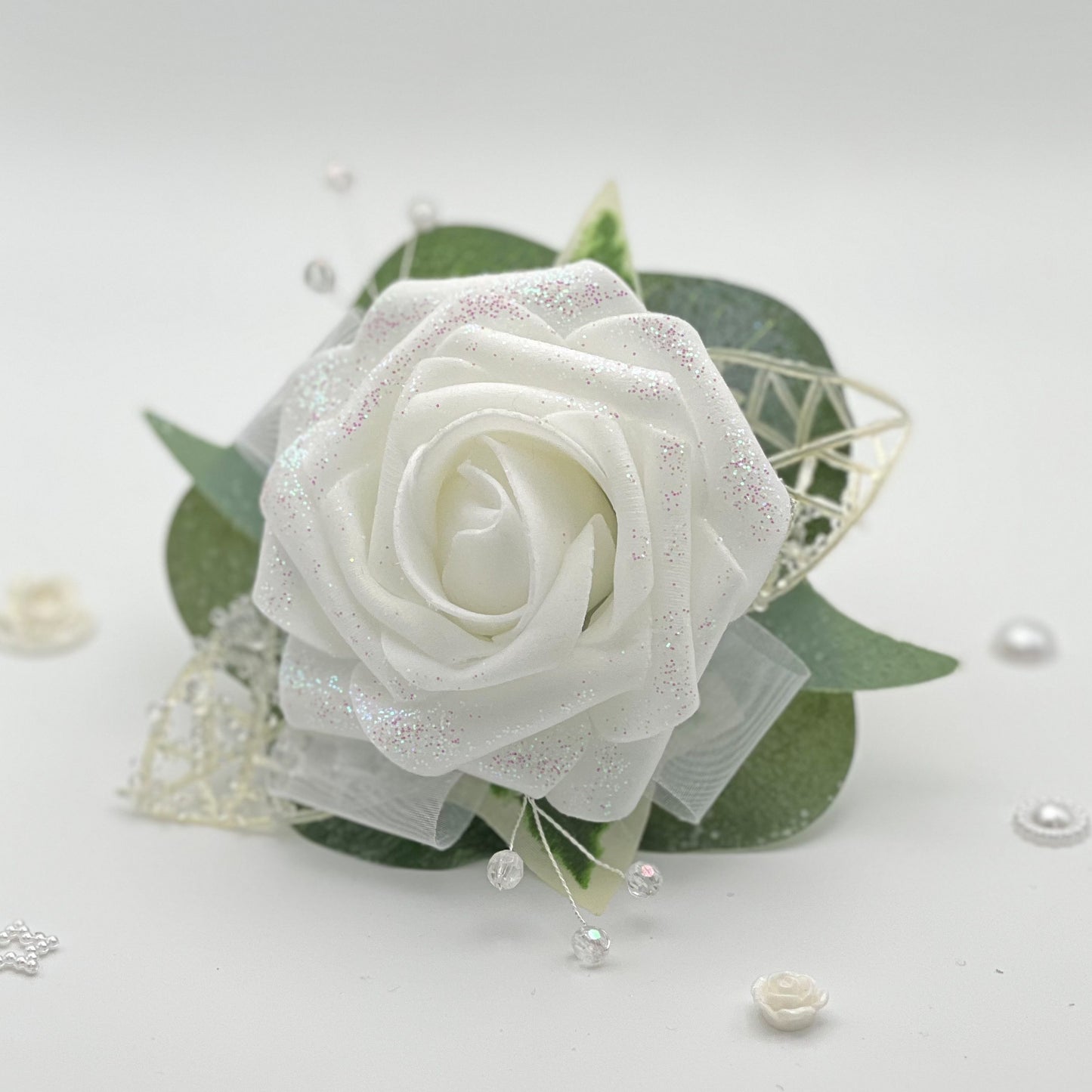 Glitter White Rose - Debs Flower Corsage