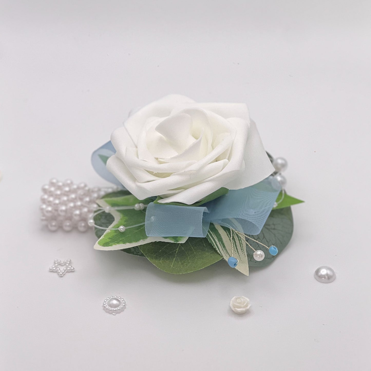 White Rose with Light Blue - Debs Flower Corsage