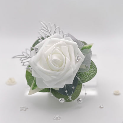 White Rose with Silver & Double Pearl Bracelet - Debs Flower Corsage