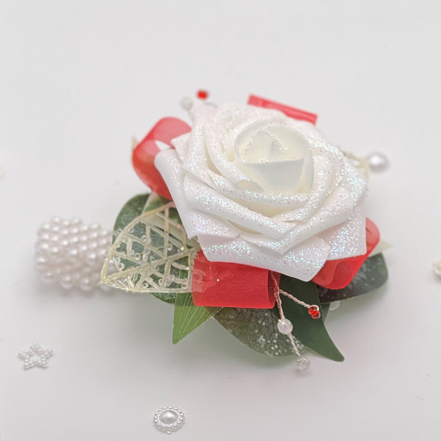 Glitter White Rose with Red - Debs Flower Corsage