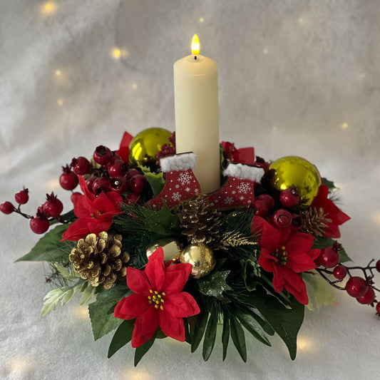 Red Ski Boots Christmas Candle Table Centrepiece