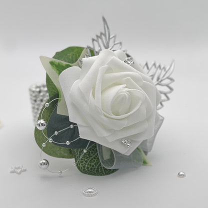 White Rose with Silver & Double Pearl Bracelet - Debs Flower Corsage