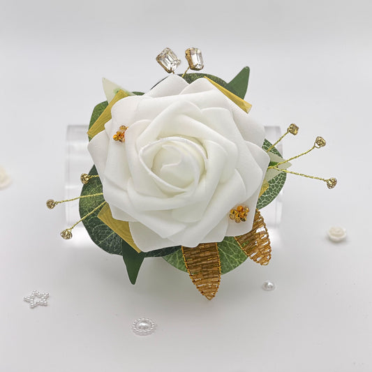 White Rose with Gold & Diamonte - Debs Flower Corsage