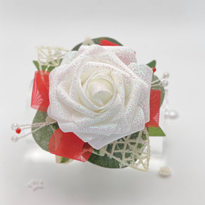 Glitter White Rose with Red - Debs Flower Corsage