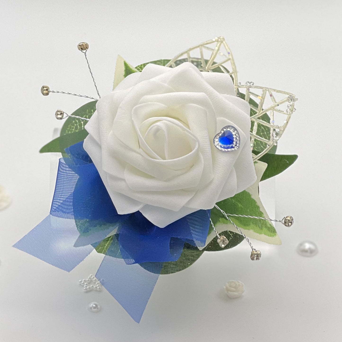 White Rose with Royal Blue & Diamonte - Debs Flower Corsage