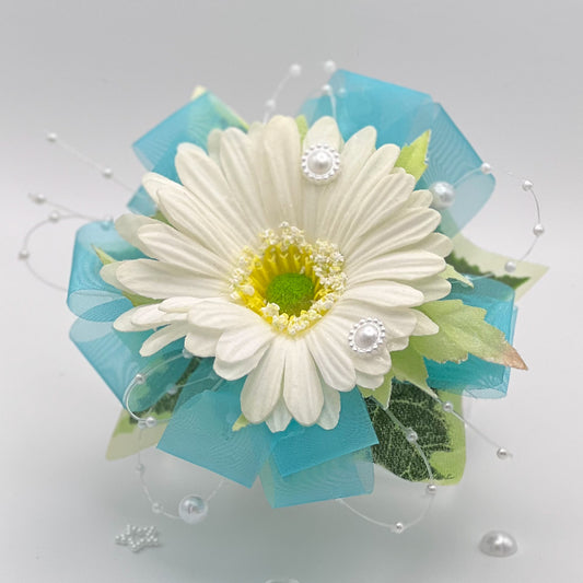 White Gerbera with Turquoise Debs Flower Corsage 2