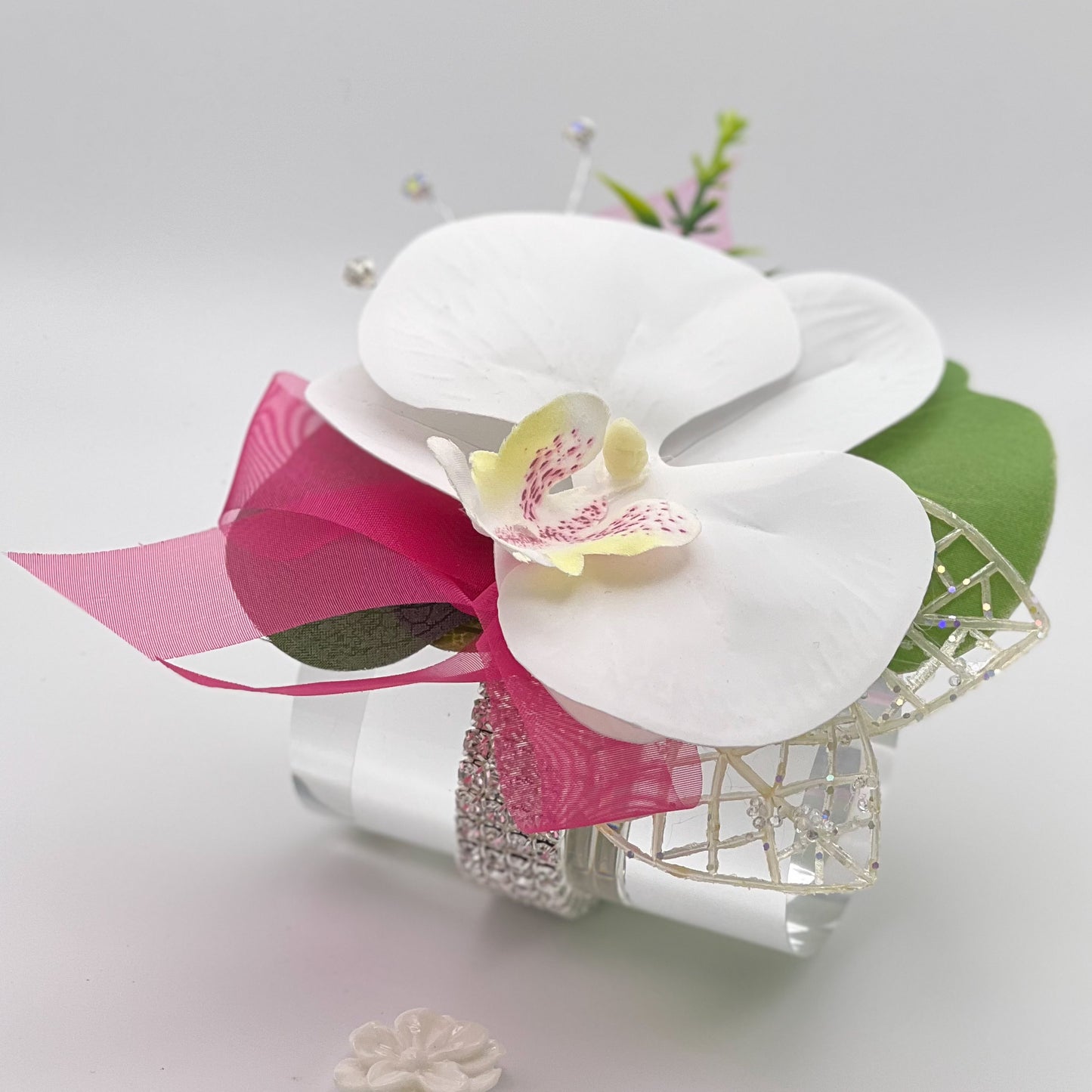 White Orchid with Cerise Pink Debs Corsage 1