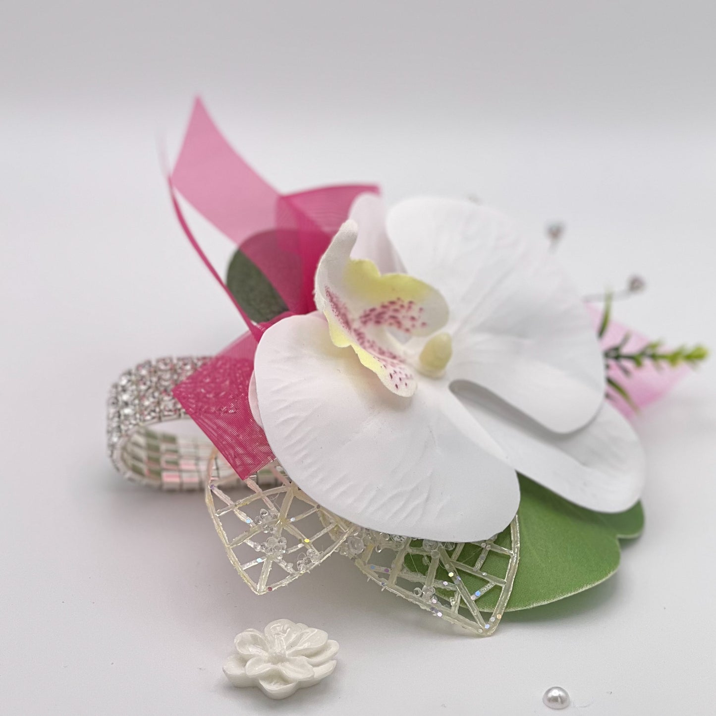 White Orchid with Cerise Pink Debs Corsage 2