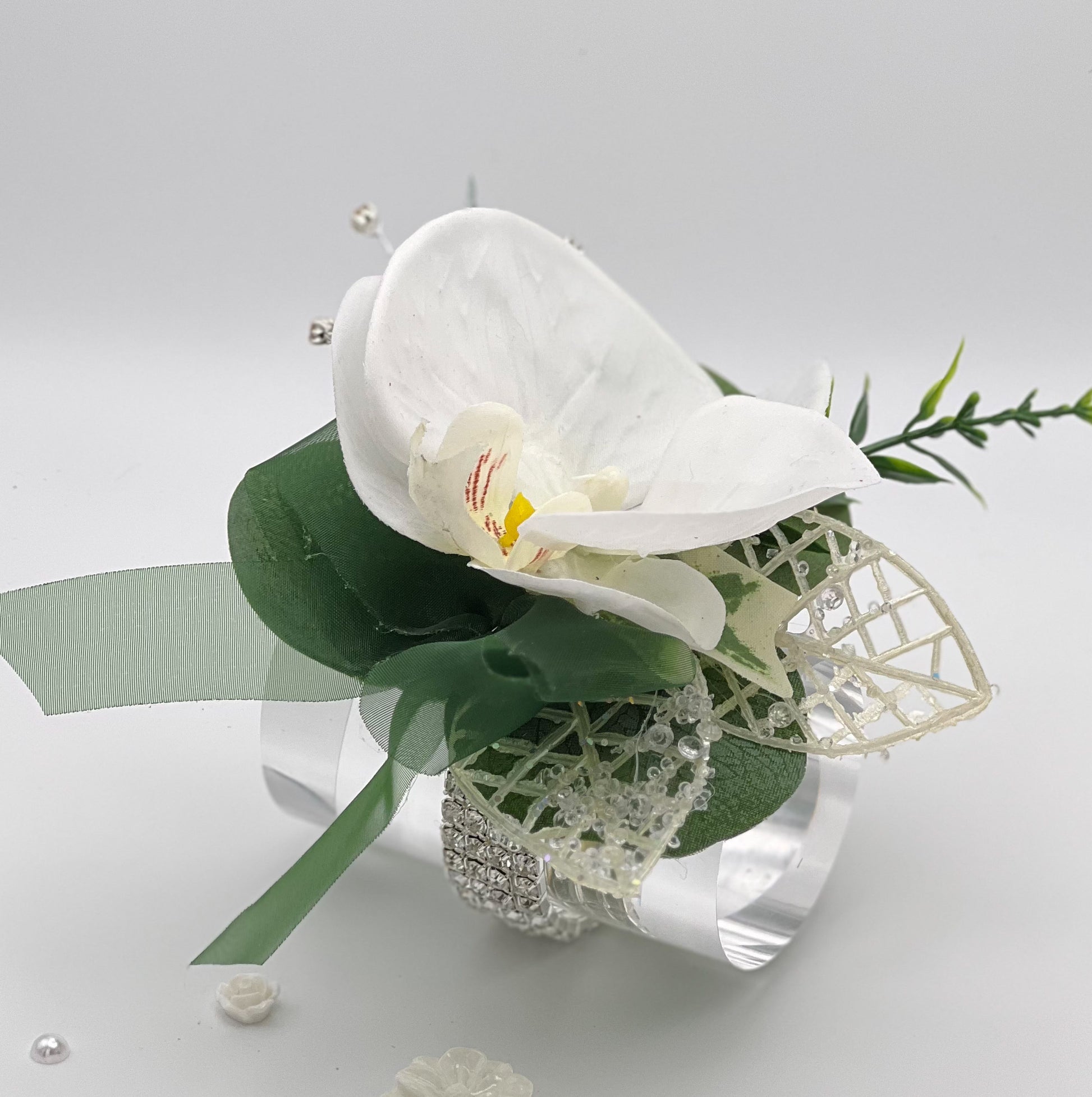 White Orchid with Forest Green Debs Corsage 1