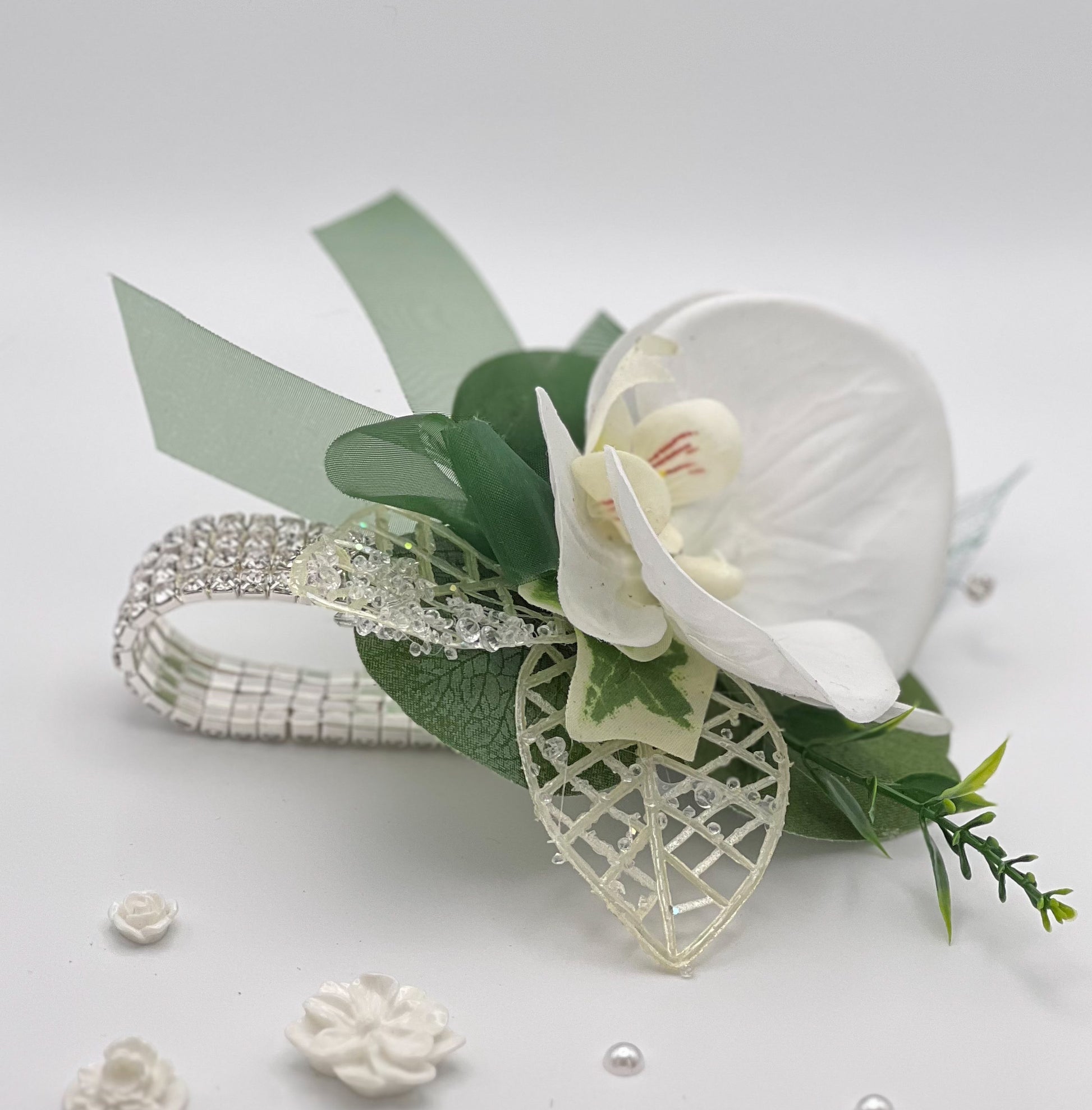 White Orchid with Forest Green Debs Corsage 2