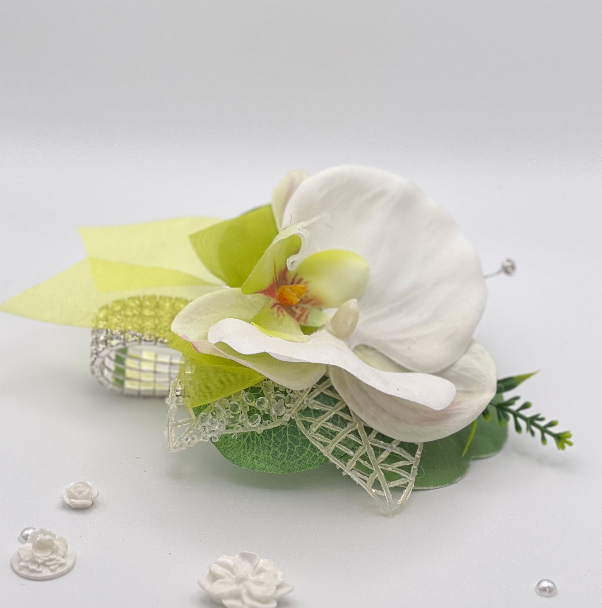 White Orchid with Lime Green Debs Corsage 1