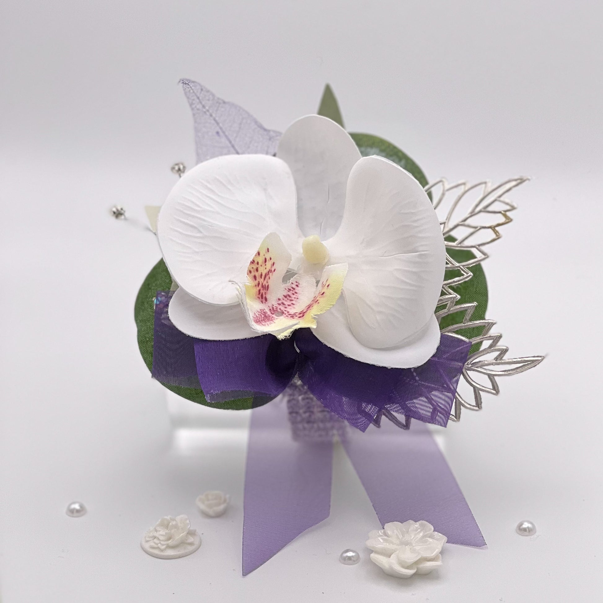 White Orchid with Purple Debs Corsage