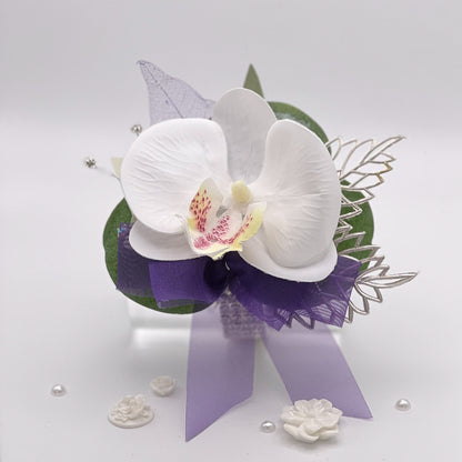 White Orchid with Purple Debs Corsage
