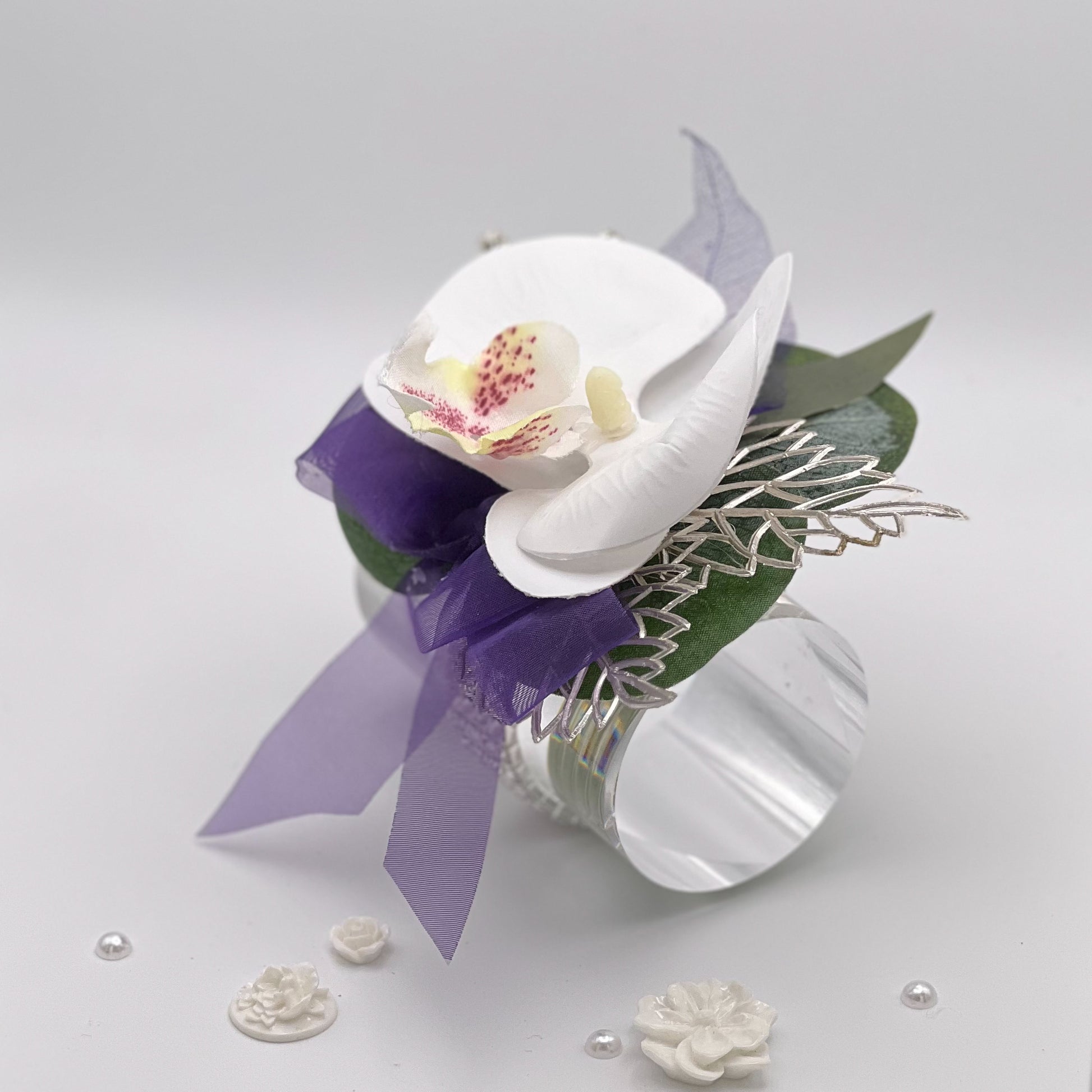 White Orchid with Purple Debs Corsage 1