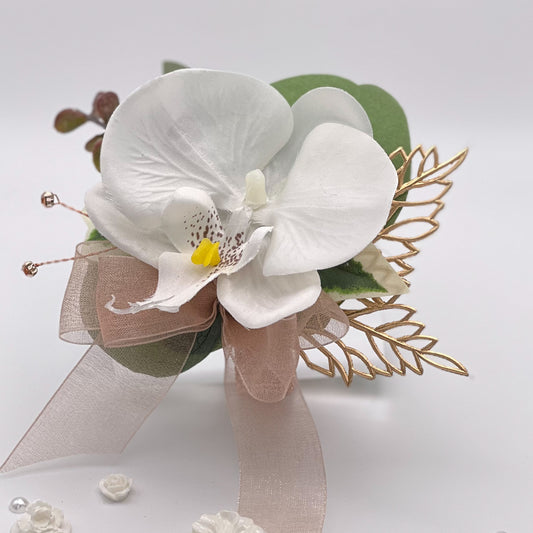 White Orchid with Rose Gold Debs Corsage