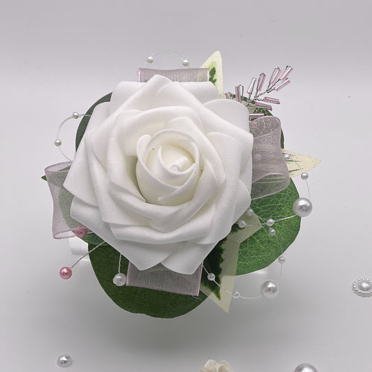 White Rose with Light Pink Debs Flower Corsage 2
