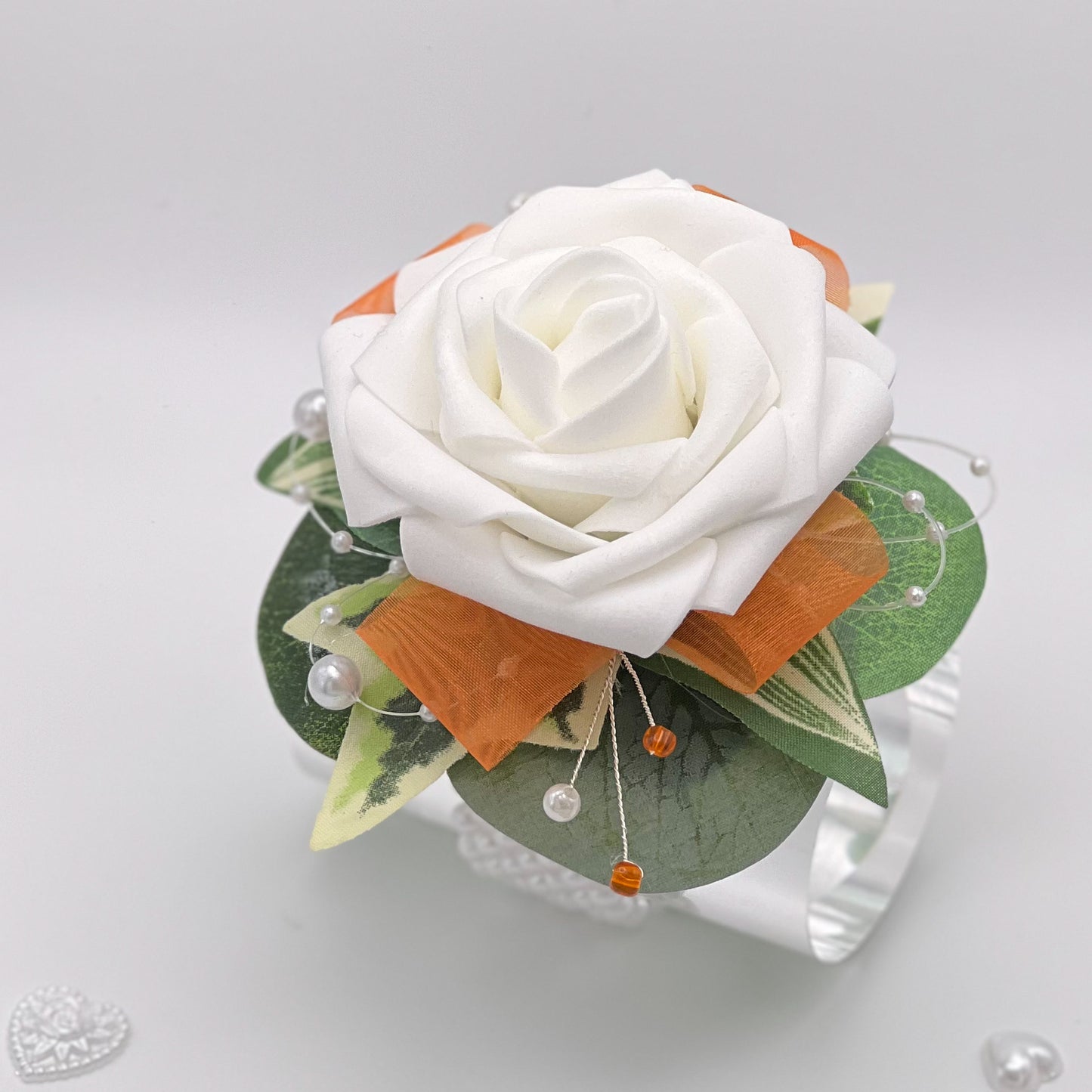 White Rose with Orange Debs Corsage 1